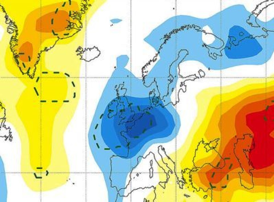 Typisk temperaturavvik for første vinteren etter solflekkminimum, midlet over mange solsykluser. (Foto: (Sirocko et al., AGU 2012))