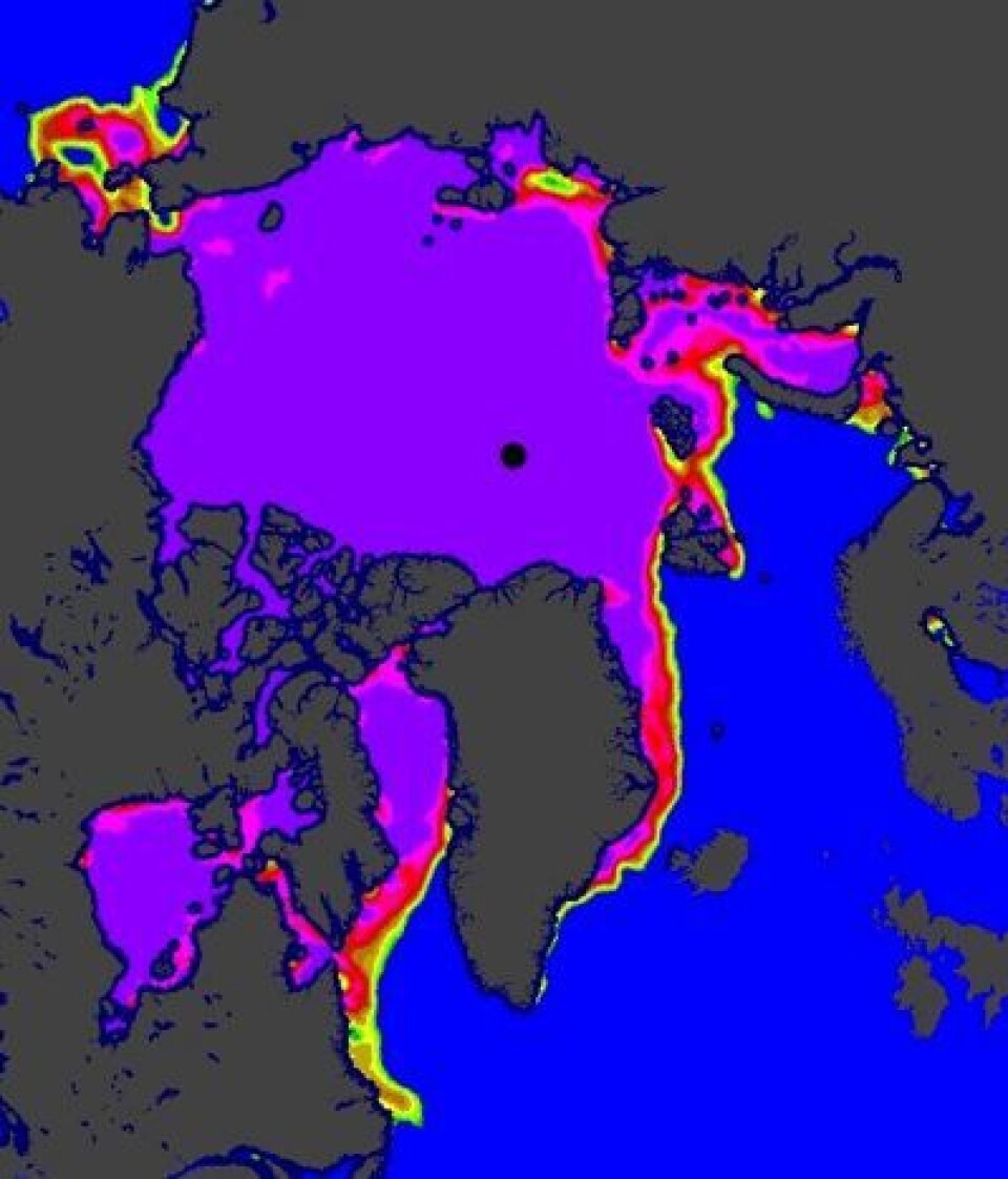 Isen holder foreløpig stand både i Karahavet og Hudson Bay 11. mai. (Foto: (EUMETSAT osisaf.met.no))