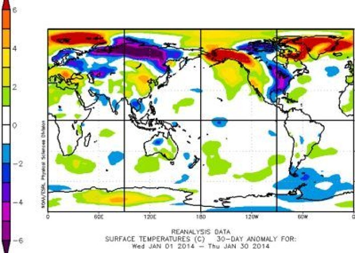 Meteorologisk reanalyse av temperatur ved bakkenivå for de 30 første dagene av 2014. (Foto: (NOAA)) Meteorologisk reanalyse av temperatur ved bakkenivå for de 30 første dagene av 2014. (Foto: (NOAA))
