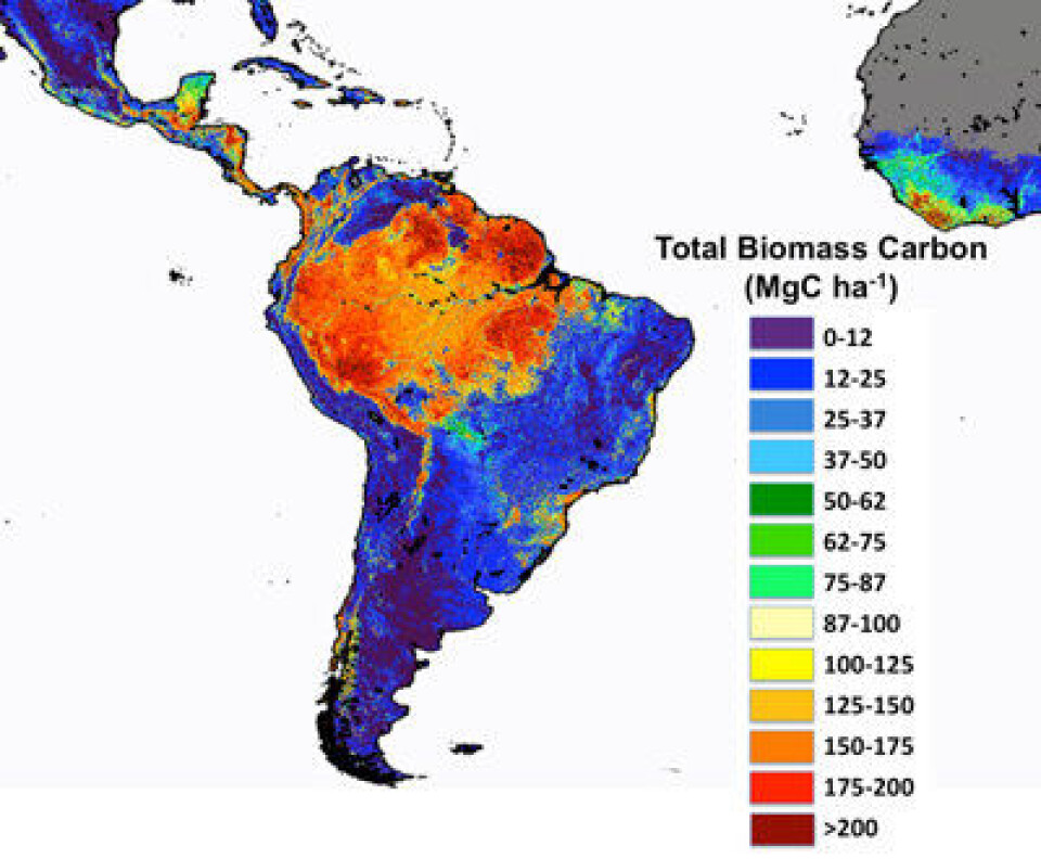 Karboninnholdet i skogen i Sør-Amerika, estimert fra NASA-målinger. (NASA JPL/CalTech, WinRock Int, Colorado State Univ, Univ Edinburgh, Applied GeoSolutions, Univ Leeds, ANPN, Wake Forest Univ, Univ Oxford).