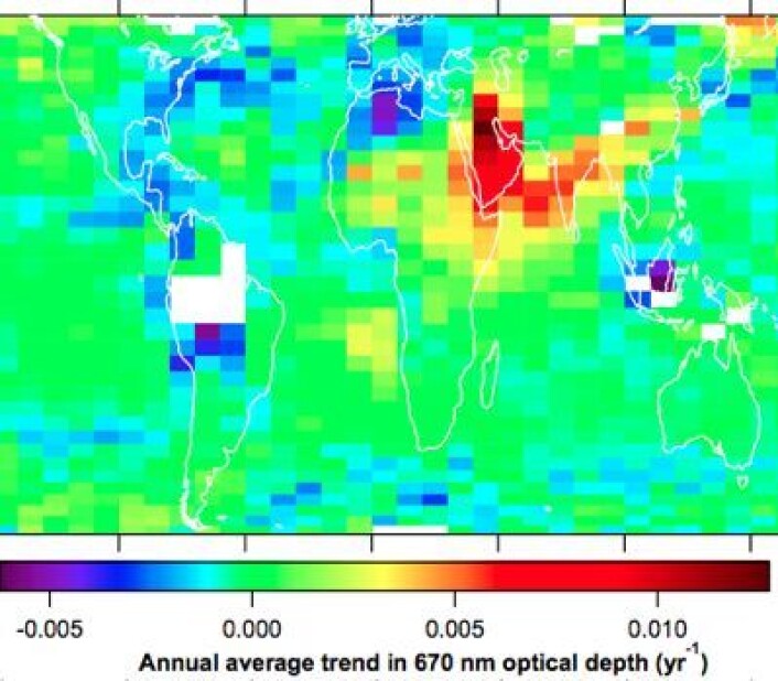 Satellittmålinger viser at aerosol-tettheten over USA og Europa har avtatt, mens den øker i Midt-Østen, India og Kina. (Foto: (D M Murphy / Nature Geoscience)) Satellittmålinger viser at aerosol-tettheten over USA og Europa har avtatt, mens den øker i Midt-Østen, India og Kina. (Foto: (D M Murphy / Nature Geoscience))