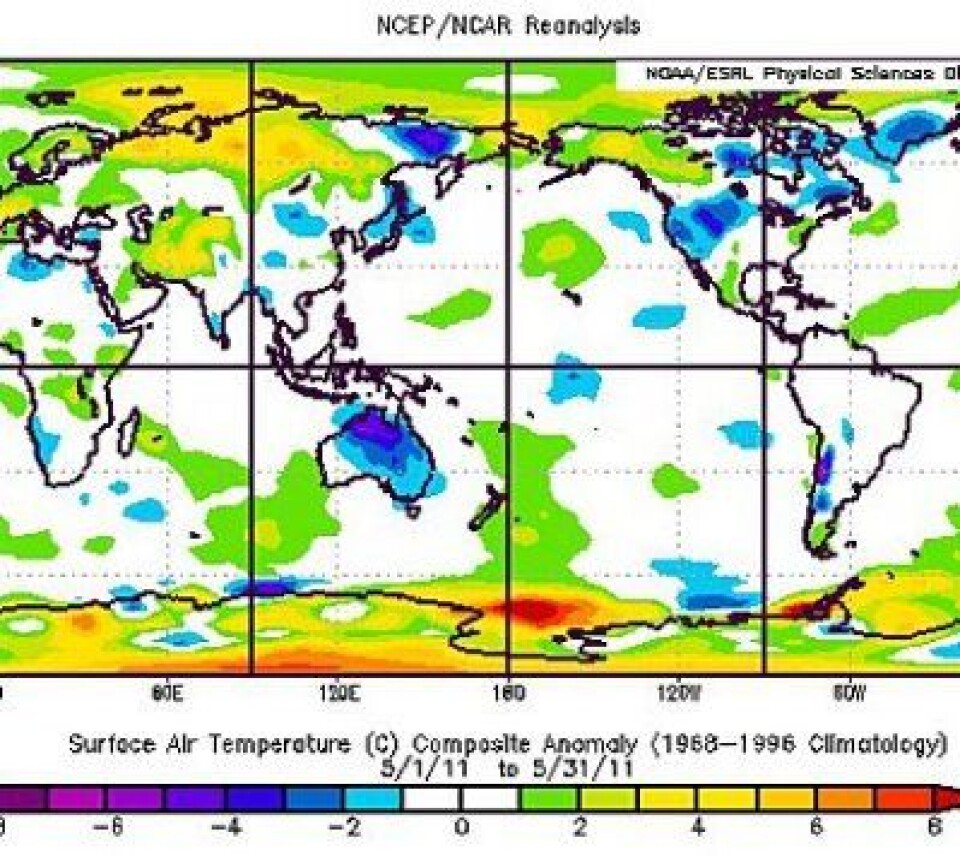 Temperaturavvik fra mai-normalen, iflg reanalysen fra NCEP/NCAR i USA. Varmt fra Nordsjøen til Vladivostok, kaldt fra San Fransisco til Grønland. Og varrrrmt i Antarktis. (NOAA NCEP/NCAR)