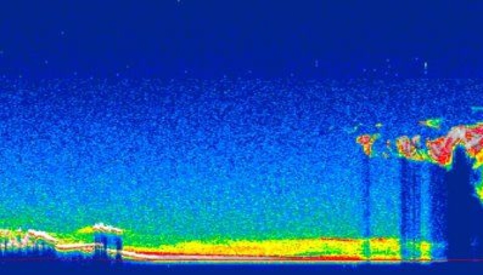 Laser-refleksjon målt fra satellitten CALIPSO. Det er noen lave skyer til venstre, og høye skyer til høyre. Oljeflaket ligger i et skyfritt område, og partikler i luften over oljen gir et betydelig signal. (NASA)
