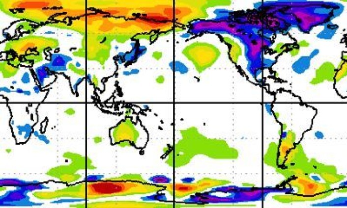 Temperatur-avvik ved bakke/hav-nivå siste 30 døgn. Avvikene spenner fra 6 grader C (rødt) til -6 grader C (lilla). (Foto: (NOAA Earth System Research Lab)) Temperatur-avvik ved bakke/hav-nivå siste 30 døgn. Avvikene spenner fra 6 grader C (rødt) til -6 grader C (lilla). (Foto: (NOAA Earth System Research Lab))