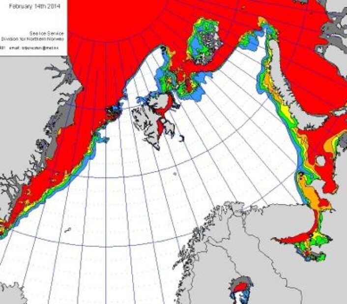 Iskart fra den norske istjenesten 14. februar. Til å være midt i februar, så ligger iskanten meget langt nord nå. (Foto: (MET)) Iskart fra den norske istjenesten 14. februar. Til å være midt i februar, så ligger iskanten meget langt nord nå. (Foto: (MET))