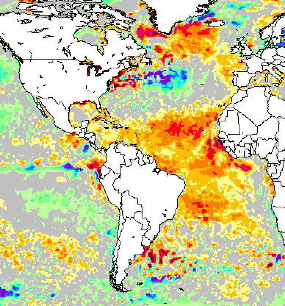 Mye varmere vann enn vanlig nå i Atlanterhavet, mens alle spor av El Ninjo'en i Stillehavet er forsvunnet. Det skal bety flere orkaner inn mot USAs østkyst i år. (NOAA)