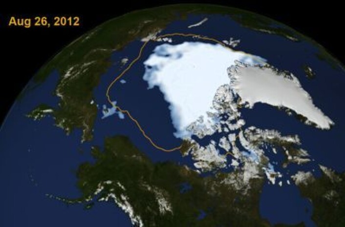 Rekord-bildet, her i litt kunstnerisk versjon fra NASA og NOAA. Det som var normalen for årstiden, er tegnet inn. (Foto: (NASA og NOAA)) Rekord-bildet, her i litt kunstnerisk versjon fra NASA og NOAA. Det som var normalen for årstiden, er tegnet inn. (Foto: (NASA og NOAA))