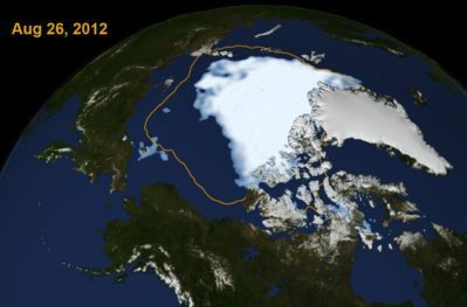 Rekord-bildet, her i litt kunstnerisk versjon fra NASA og NOAA. Det som var normalen for årstiden, er tegnet inn. (Foto: (NASA og NOAA))