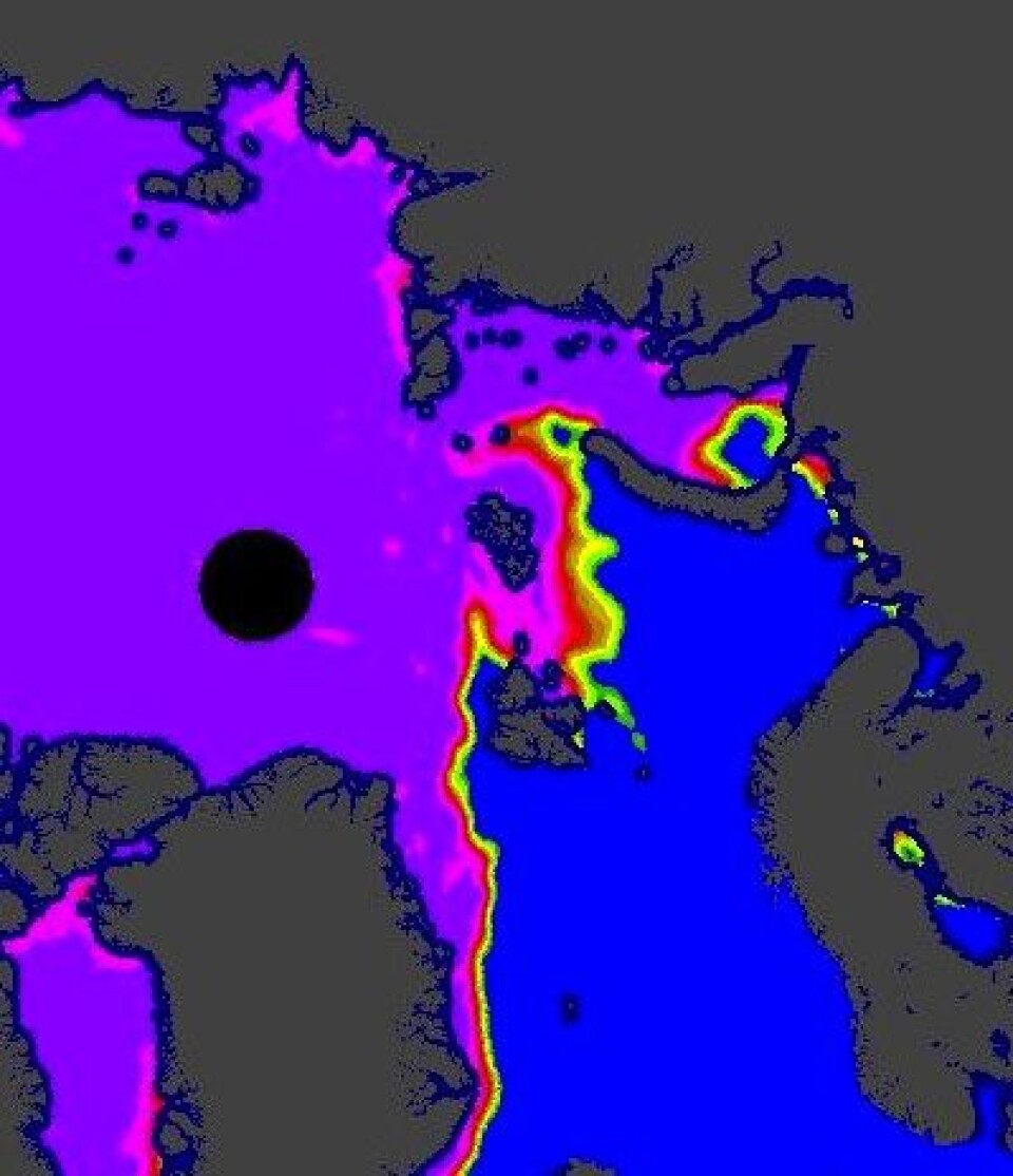 Hmmm, Karahavet nekter visst å fryse til i sør denne vinteren. Og drivisen holder seg unna Bjørnøya foreløpig. (Foto: (EUMETSAT osisaf.met.no))