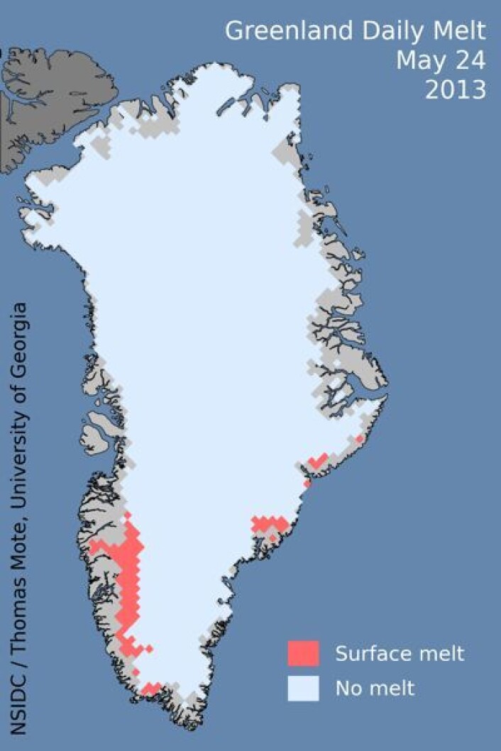 Årets smelting på Grønland har startet litt sent. Her er områdene med smelting observert fra satellitt 24. mai. (Foto: (NSIDC / T. Mote, Univ of Georgia)) Årets smelting på Grønland har startet litt sent. Her er områdene med smelting observert fra satellitt 24. mai. (Foto: (NSIDC / T. Mote, Univ of Georgia))