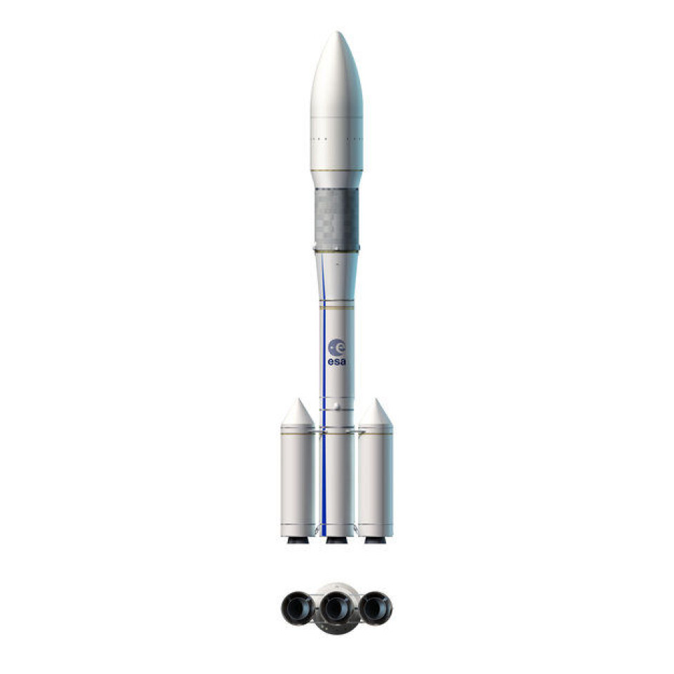 Ariane 6, sett fra siden og under. Illustrasjon: (Foto: ESA/D. Ducros)