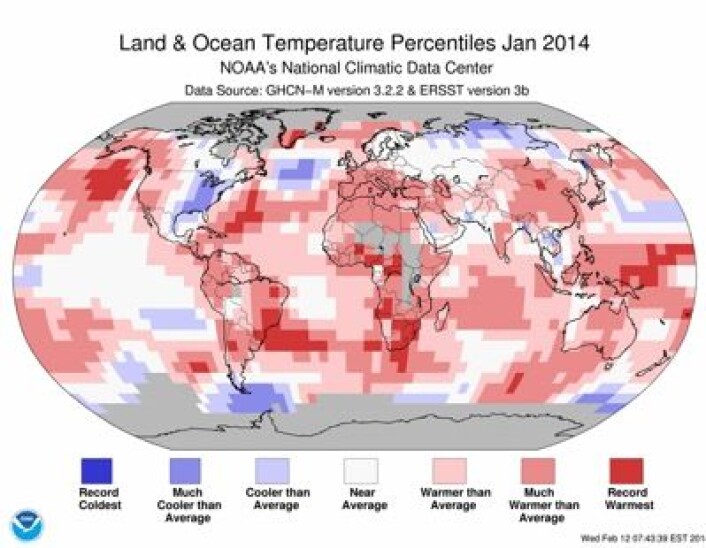 Det var rekordvarmt (mørk rødfarge) i januar mange steder på kloden, i følge dette kartet fra NOAA. (Foto: (NOAA)) Det var rekordvarmt (mørk rødfarge) i januar mange steder på kloden, i følge dette kartet fra NOAA. (Foto: (NOAA))