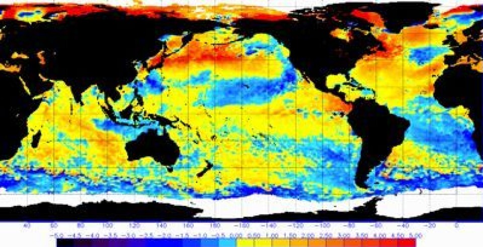 Temperaturen i havoverflaten 30. august. En ganske sped El Ninjo, og stor forskjell på nordlige og sydlige halvkule. (Foto: (NOAA))