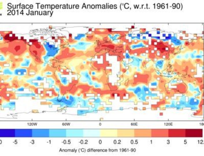 Gjennomsnittstemperatur i januar (avvik fra normalen), slik de britiske klimaforskerne ser det. (Foto: (HadCRUT4 (Met.Office/CRU))) Gjennomsnittstemperatur i januar (avvik fra normalen), slik de britiske klimaforskerne ser det. (Foto: (HadCRUT4 (Met.Office/CRU)))