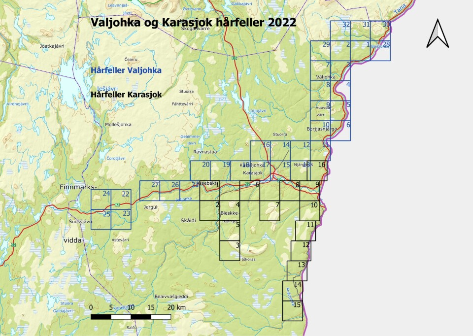 Kart over undersøkelsesområdene i Karasjok kommune.