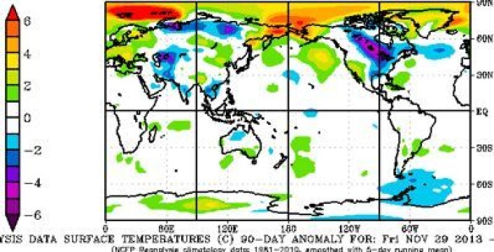 90 dagers reanalyse for vinteren 2014 (temperaturavvik fra normalen 1981-2010). (Foto: (NOAA)) 90 dagers reanalyse for vinteren 2014 (temperaturavvik fra normalen 1981-2010). (Foto: (NOAA))