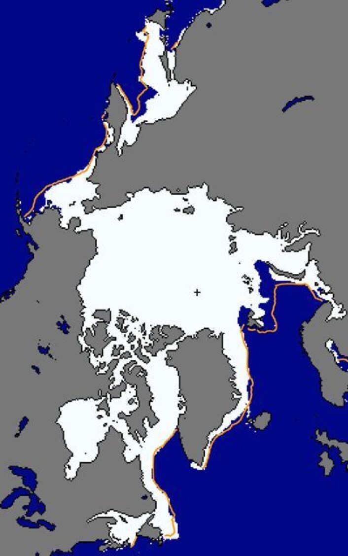 Lite sjøis ved Kamtsjatka og i Beringstredet 27. februar, og veldig lite sjøis i Barentshavet. (Oransje kurve er medianen for denne datoen i perioden 1981-2010). (Foto: (NSIDC)) Lite sjøis ved Kamtsjatka og i Beringstredet 27. februar, og veldig lite sjøis i Barentshavet. (Oransje kurve er medianen for denne datoen i perioden 1981-2010). (Foto: (NSIDC))