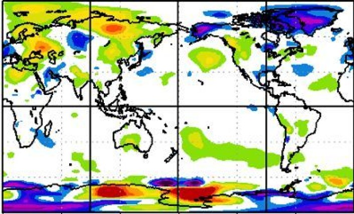 Reanalyse av temperatur (avvik fra normalen for 1981-2010) ved bakkenivå for mai måned i år. Temperaturspennet er fra -5 (lilla) til 6 grader (rødt). (Foto: (NOAA)) Reanalyse av temperatur (avvik fra normalen for 1981-2010) ved bakkenivå for mai måned i år. Temperaturspennet er fra -5 (lilla) til 6 grader (rødt). (Foto: (NOAA))