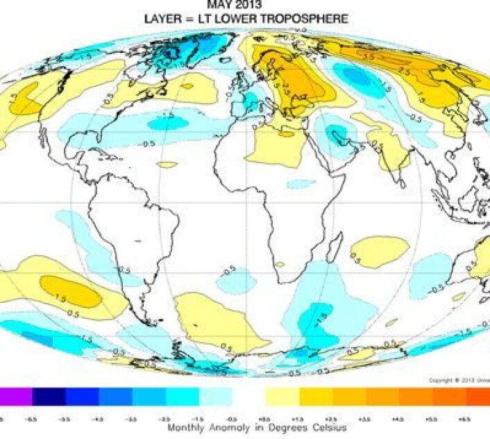 Mai-temperaturen (avvik fra normalen) i nedre troposfære, målt fra satellitt. (Foto: (UAH)) Mai-temperaturen (avvik fra normalen) i nedre troposfære, målt fra satellitt. (Foto: (UAH))