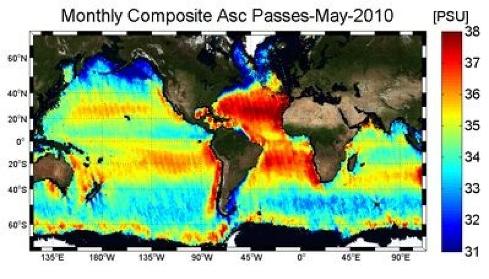 Saltholdigheten i havoverflaten, slik SMOS ser det. Dette er en parameter som aldri har vært målt fra satellitt før. (ESA)