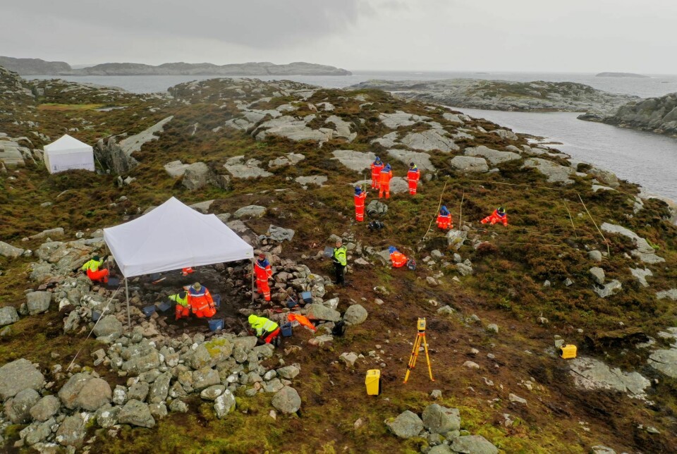 Arkeologistudentar i arbeid på Hjartøyna. Sjølv om øya berre er 0,8 kvadratkilometer, er arbeidet tidkrevjande når kvar stein skal snuast.