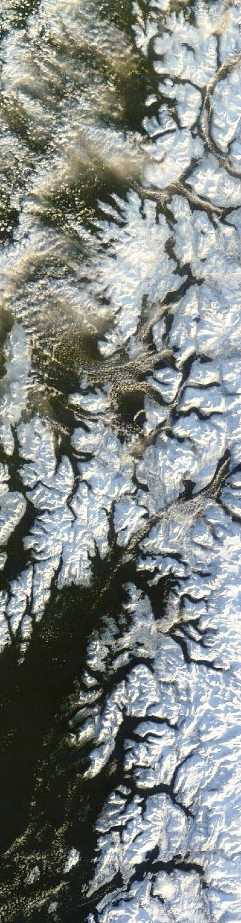 Et solfylt Nord-Norge, med noen skyer som leker inne i fjordene på den siste virkelige kalde dagen i denne kuldeperioden. Tatt fra NASAs Terra 6 feb. (Foto: (NASA MODIS))