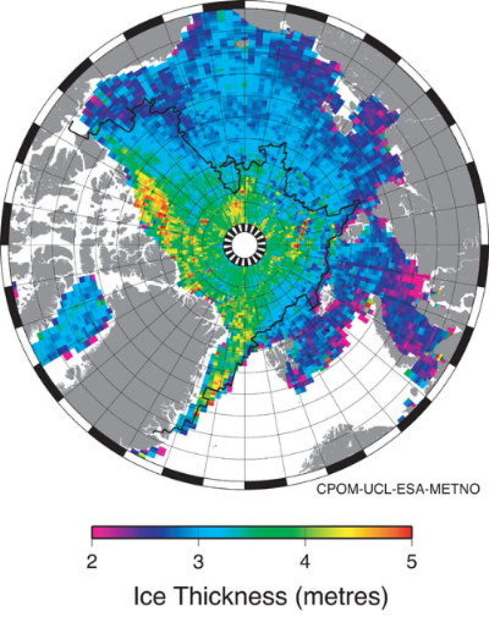 Istykkelse i januar-februar 2011 målt fra CryoSat. Kurven som er innlagt i bildet, er met.no's skille mellom førsteårs og flerårs is, beregnet fra andre satellitter. (CPOM-UCL/ESA/met.no)
