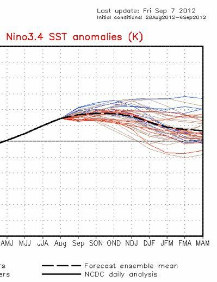 NOAAs nyeste modellprognoser for sjøtemperaturutviklingen i Nino3.4 området utover høsten og vinteren. (Foto: (NOAA))