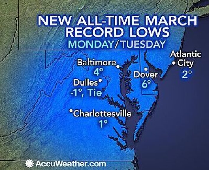 Neida, jeg har ikke glemt at 2014 har vært en kald vinter i USA. Celsius-skala hadde vært ille nok, men dette temperaturkartet fra 3-4 mars bruker altså Fahrenheit (0 Fahrenheit er ca. 18 kuldegrader). (Foto: (AccuWeather.com)) Neida, jeg har ikke glemt at 2014 har vært en kald vinter i USA. Celsius-skala hadde vært ille nok, men dette temperaturkartet fra 3-4 mars bruker altså Fahrenheit (0 Fahrenheit er ca. 18 kuldegrader). (Foto: (AccuWeather.com))