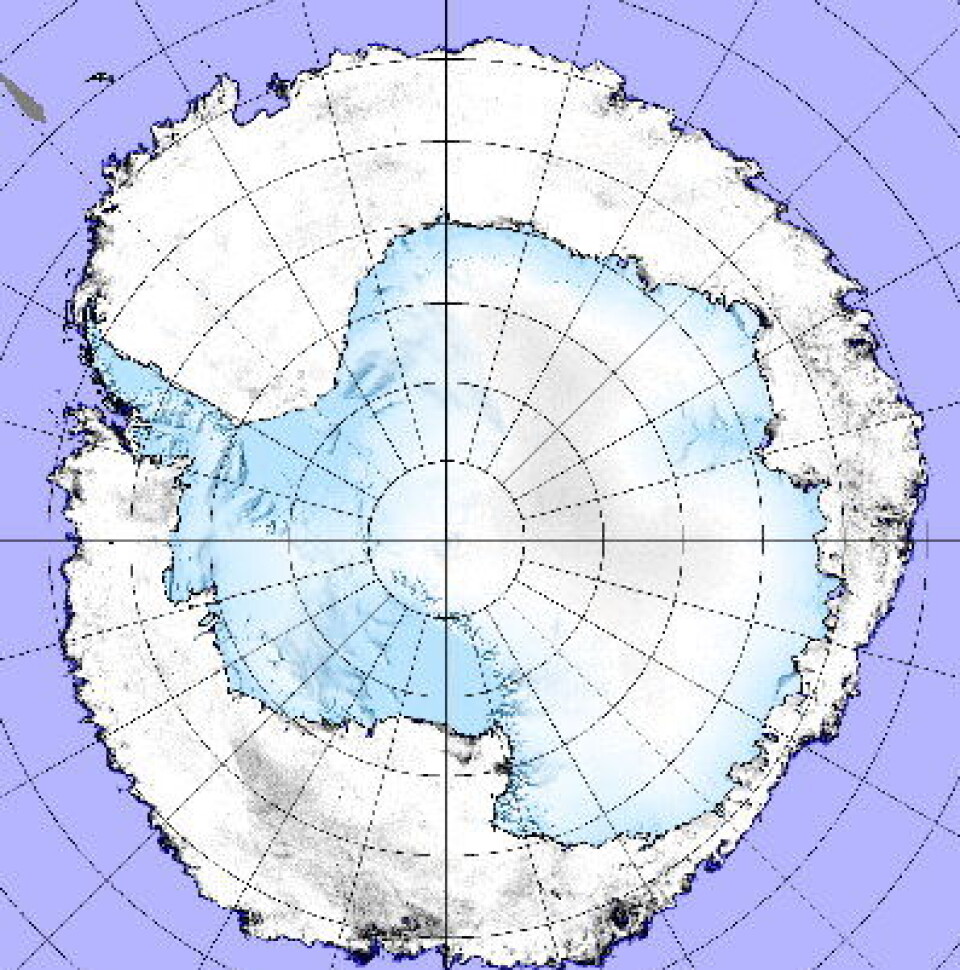 Mer sjøis enn vanlig utenfor Antarktis gjør at totalt globalt isdekket areal er ganske nær normalen i øyeblikket. Men hva vil situasjonen være i september? (PolarView)