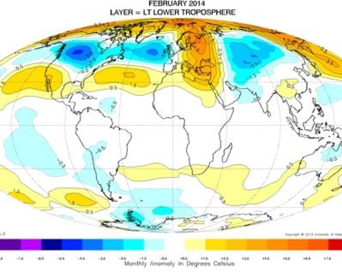 Satellittene kan bekrefte at den nedre troposfæren i februar var varm hos oss og kald i USA og Canada, ja. (Foto: (UAH)) Satellittene kan bekrefte at den nedre troposfæren i februar var varm hos oss og kald i USA og Canada, ja. (Foto: (UAH))