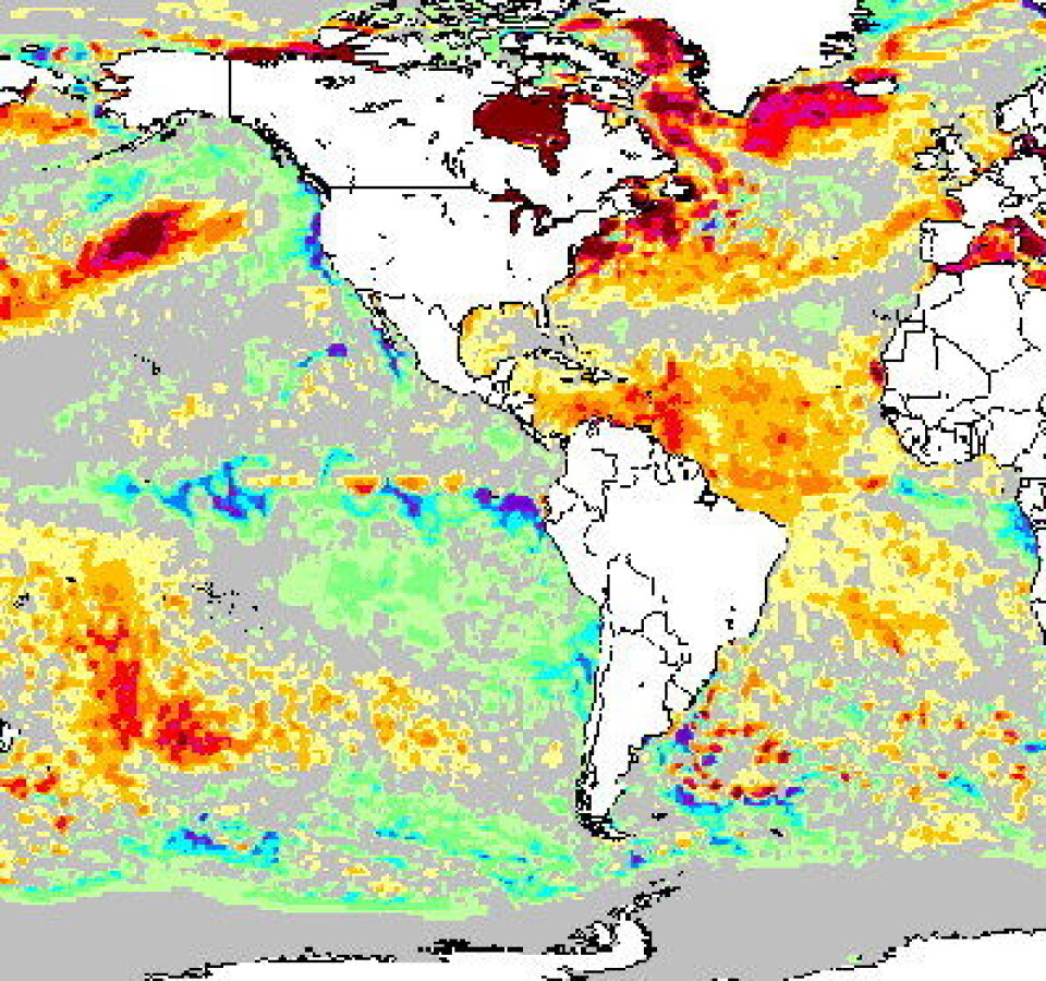 Temperatur i havoverflaten 20 juli målt fra satellitt. Det er en La Nina på gang i Stillehavet. Men Atlanterhavet holder koken. (NOAA)