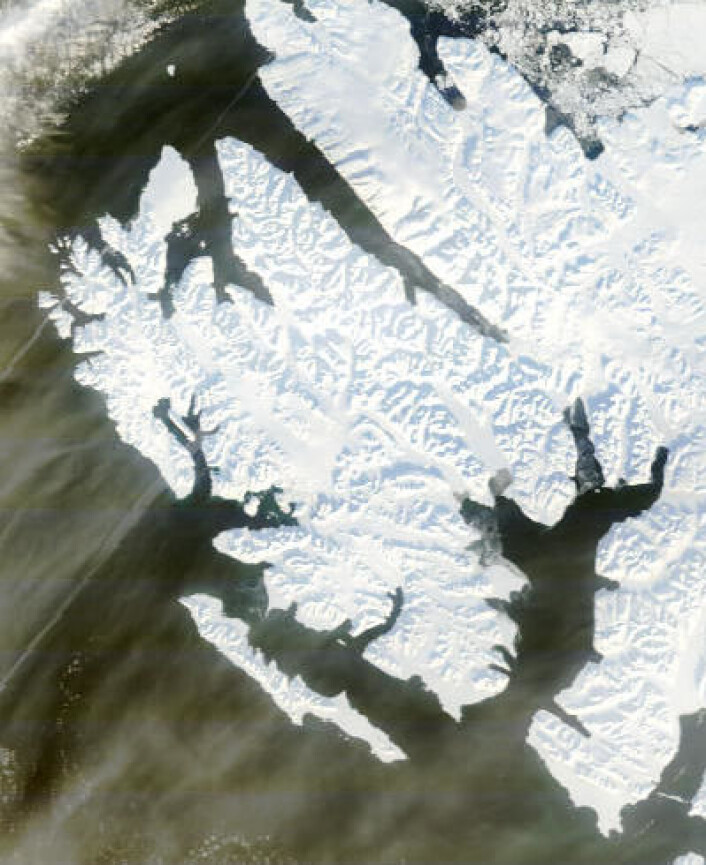 Svalbard sett fra NASAs satellitt Terra fredag 14. mars. Usedvanlig lite is i Wijdefjorden. (Foto: (NASA Terra MODIS)) Svalbard sett fra NASAs satellitt Terra fredag 14. mars. Usedvanlig lite is i Wijdefjorden. (Foto: (NASA Terra MODIS))