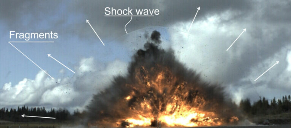 In an explosion, fragments and debris can be ejected at terrific speed and strike the surrounding area. Then comes the shock wave. The image shows detached fragments, and the white arrows show the breadth of the shock wave.