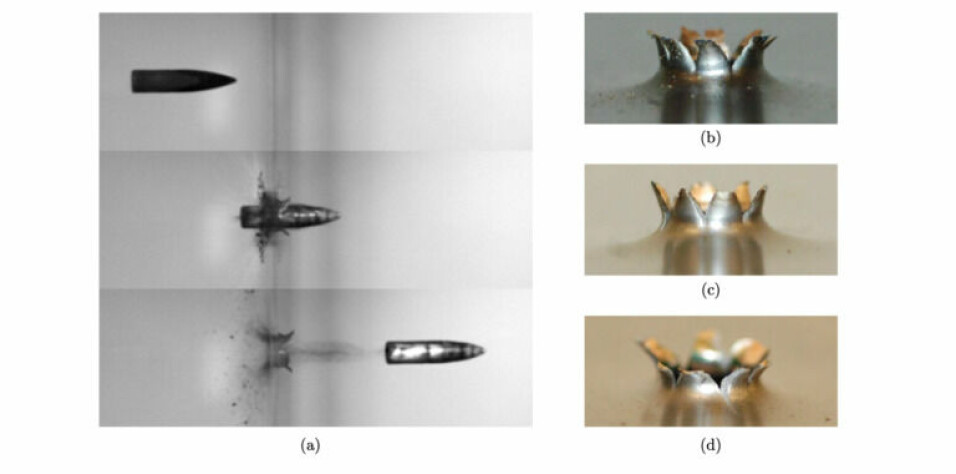 Image sequence of projectiles being fired through three different steel plates. The pictures on the right show the exit holes in the various plates.