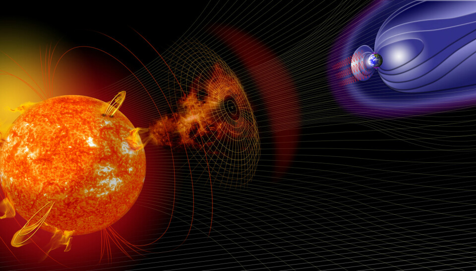 Illustrasjonsbilde fra NASA Goddard Space Flight Center viser hvordan masse fra utbrudd på solen beveger seg mot jordens magnetfelt.