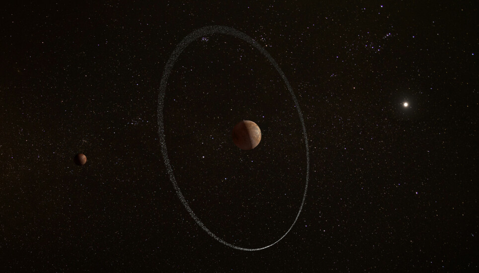 Slik ser en kunstner for seg dvergplaneten Quaoar og ringene dens. Til venstre ser du Quaoars måne Weywot. Til høyre, langt, langt unna, lyser sola.