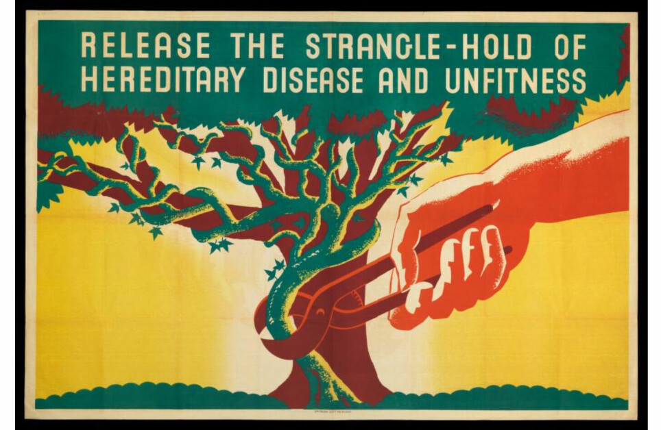 En plakat lagd av Eugenics Society i USA på 1930-tallet. Her framstilles kronisk syke som en kvelende klatreplante på menneskets utviklingstre. Denne typen ideologi førte til stor lidelse og i verste fall død for mange mennesker med ulike sykdommer, inkludert epilepsi.