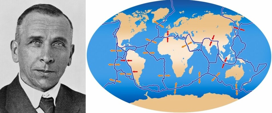 Få trodde på Alfred Wegeners teori da han levde, selv om han hadde gjort en av forskningens aller viktigste oppdagelser. I dag vet vi at han hadde rett og at kontinentplatene beveger seg sakte bortover. De kan bevege seg både mot hverandre og fra hverandre, slik pilene på kartet viser.