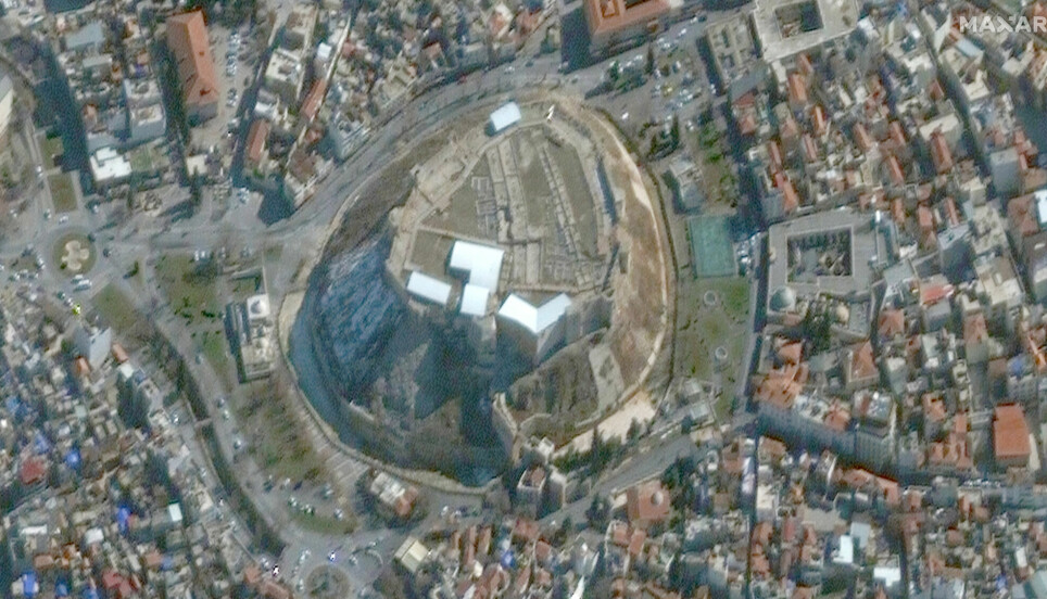 Et satelittbilde av Gaziantep-borgen etter jordskjelvet.