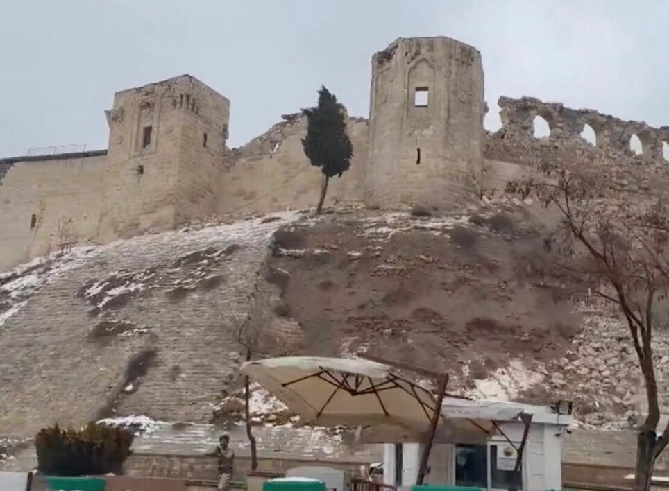 Slik ser den ødelagte Gaziantep-borgen ut etter jordskjelvet 6. februar. Stillbilde fra en video på sosiale medier.