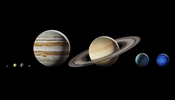 Her kan du se planetene i solsystemet og størrelsesforholdet mellom dem. Jorden er tredje fra venstre, mens Uranus og Neptun er de to siste til høyre. Her kan du se planetene i solsystemet og størrelsesforholdet mellom dem. Jorden er tredje fra venstre, mens Uranus og Neptun er de to siste til høyre.