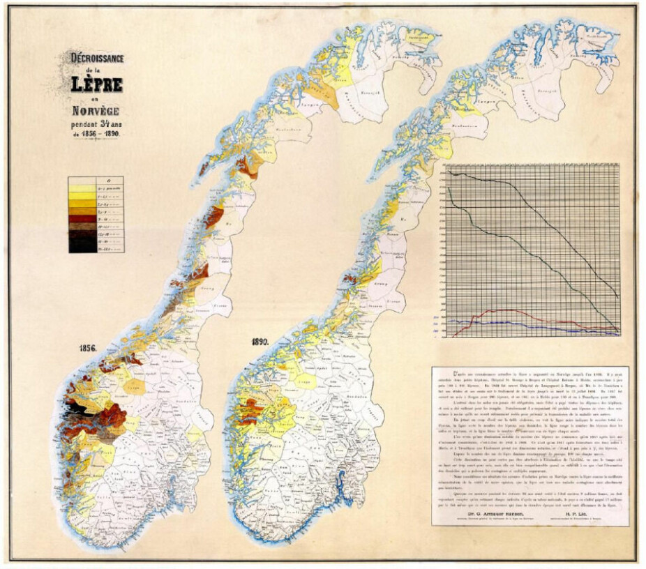 Kartet til venstre viser utbredelsen av lepra i Norge i 1856. Kartet til høyre viser det samme etter bergenslegen Gerhard Armauer Hansens oppdagelse.