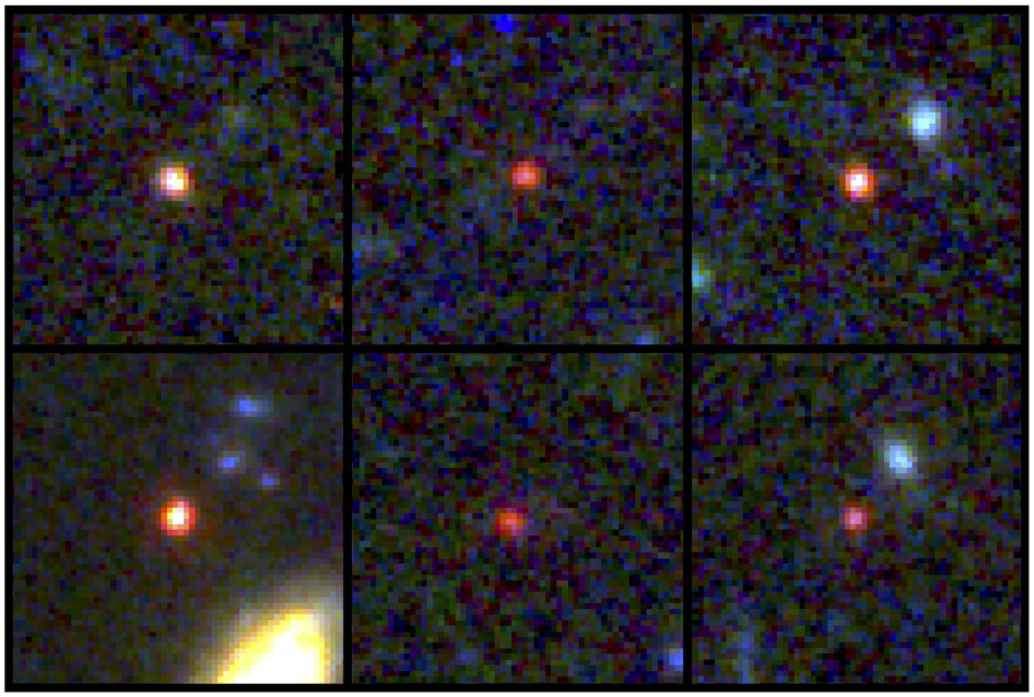 De seks nye galaksene som er oppdaget med James Webb-teleskopet. Den nederst til venstre kan inneholde like mange stjerner som Melkeveien, men er 30 ganger mer kompakt.