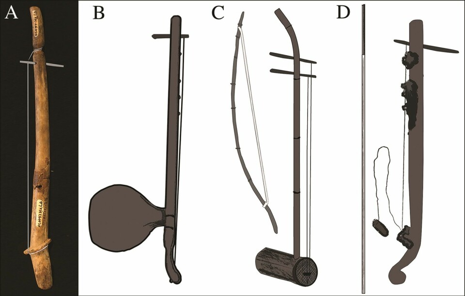 Her er et utvalg lignende andre strengeinstrumenter, med det mulige gevirinstrumentet til venstre.