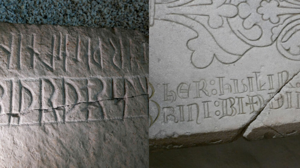 Runes (on the left) were carved into hard rock types such as granite and quartzite, while letter inscriptions were carved into softer rock types such as marble and limestone.