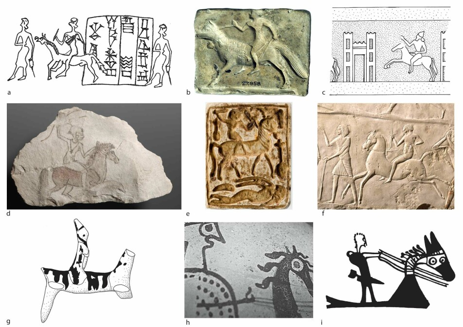 Etter år 2000 f.Kr. dukker det opp bilder av folk som rir. Disse kunstverkene er fra bronsealderen år 2100-1200 f.Kr.)