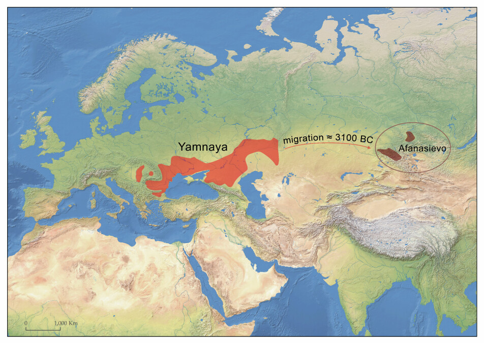 Utbredelsen til jamnaja-folket, samt afanasjevo-folket som stammet fra dem, for rundt 5000 år siden.