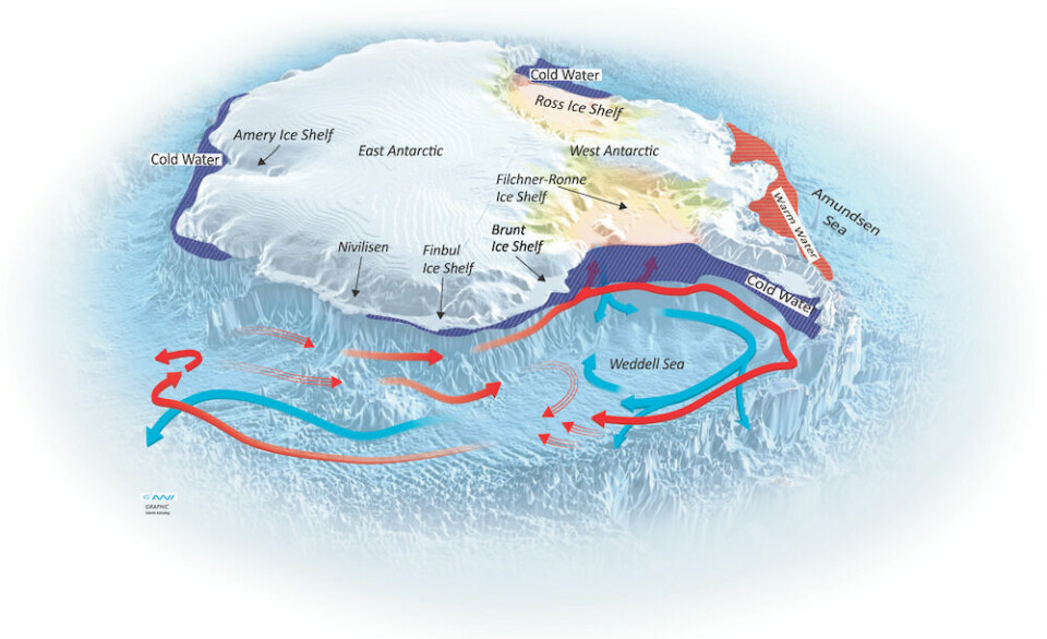 Antarktis er dekket av en inntil 4.000 meter tjukk iskappe. Innlandsisen er den delen som ligger på fast grunn. Isbremmen er den delen av isen som flyter på havet. Rundt Antarktis er det mange små og to gigantiske isbremmer. Den ene i Weddellhavet. En strøm av kaldt og tungt vatn strømmer ut fra undersida av Filchner-Ronne-isbremmen i Weddellhavet og ned i dypet. Den strømmer nordover som en bunnstrøm.