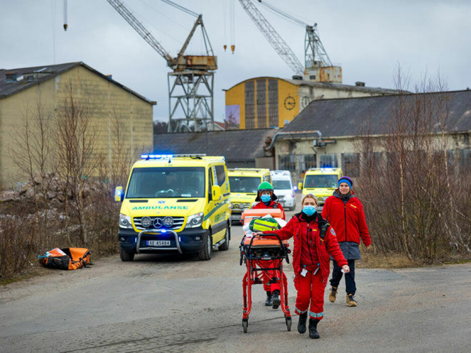 Beredskapsøvelse i 2022 med politi, brannvesen og sykehus, Fredrikstad kommune og studenter og ansatte fra Høgskolen i Østfold.